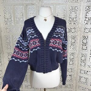 Vtg Fair Isle Chunky Zip Up Cardigan Sz Small Retro Granny Cottagecore